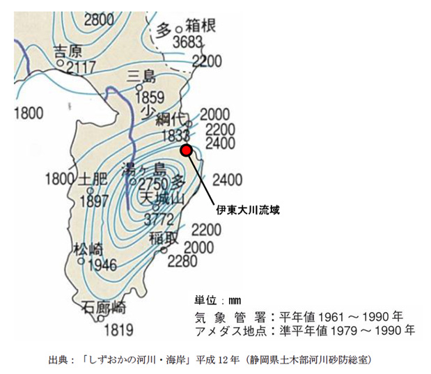 伊東大川流域の年平均降水量分布図