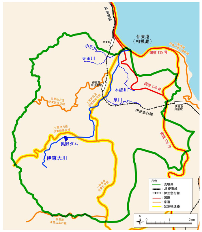 伊東大川流域の主要な交通網