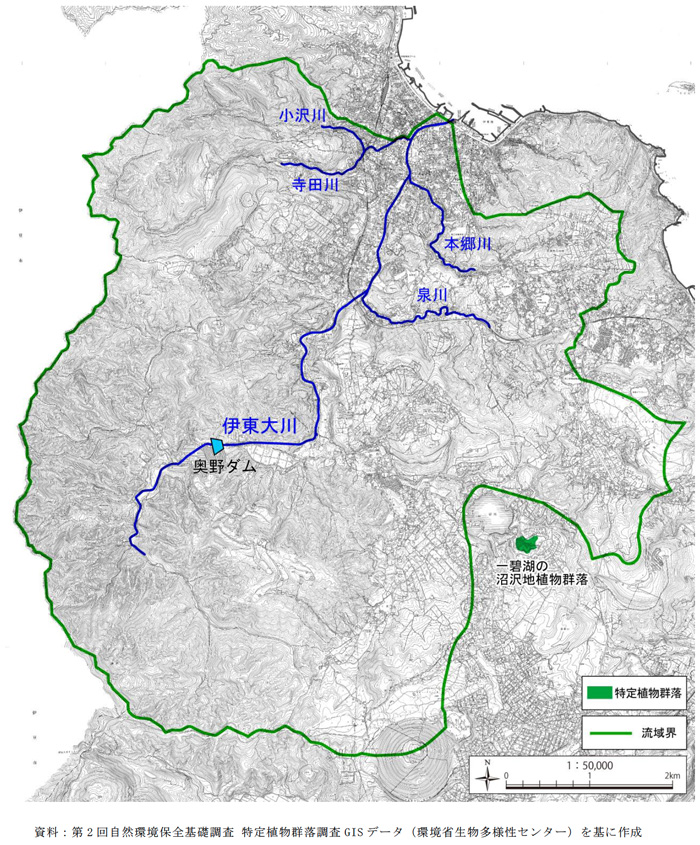 伊東大川流域周辺の特定植物群落位置図