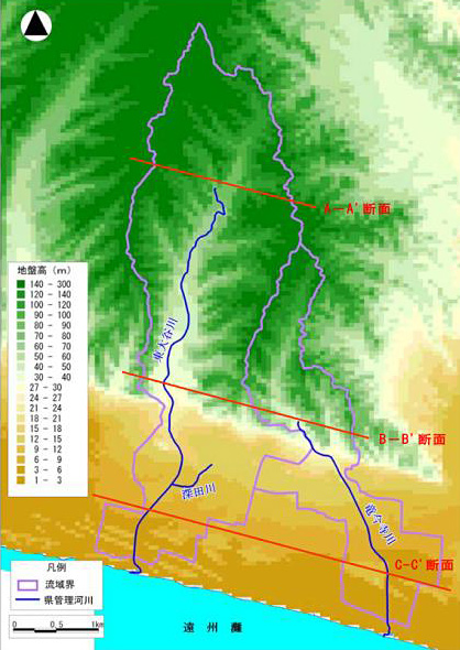 東大谷川及び竜今寺川流域標高分布図の画像